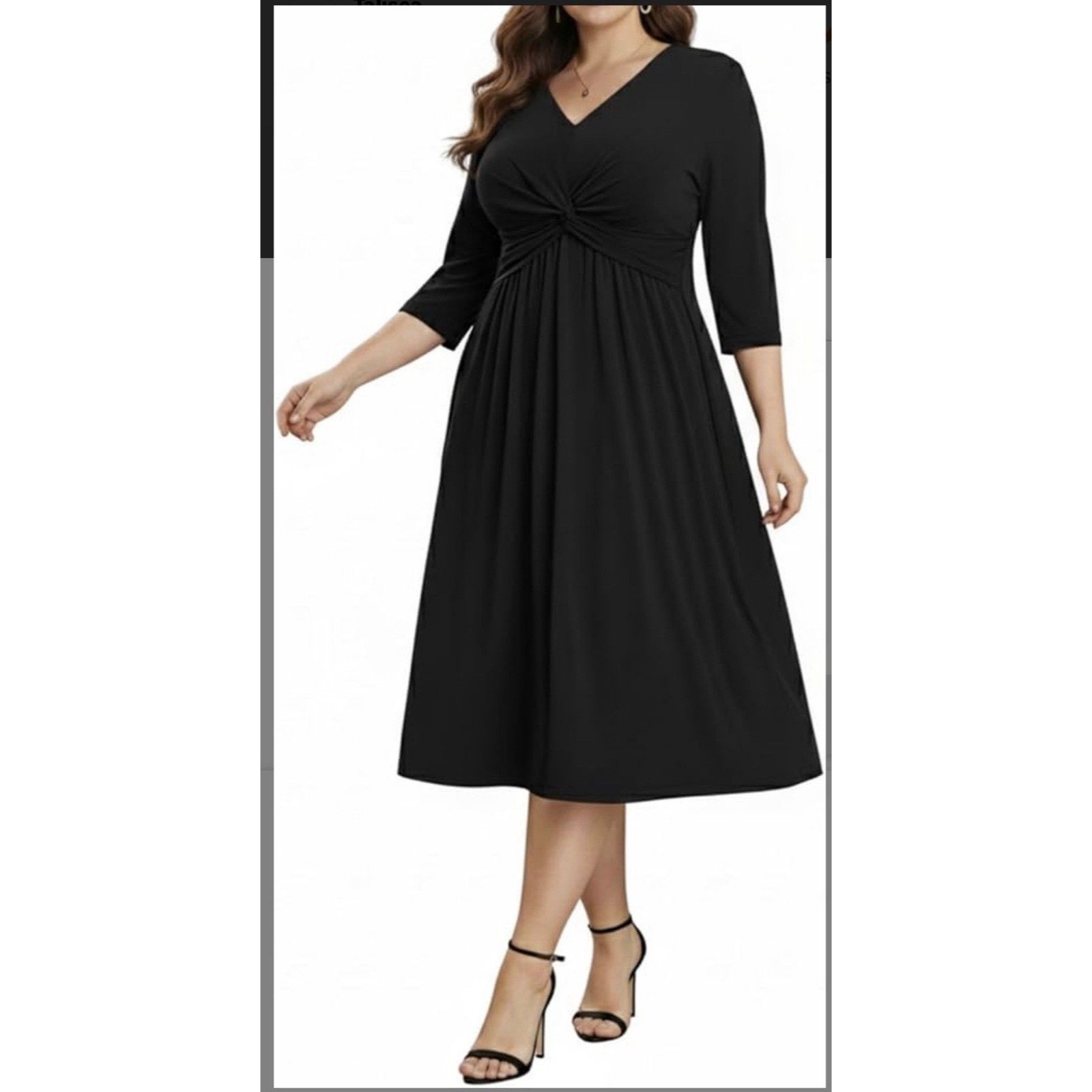 Women's Dress Twist Knot V Neck 3/4 Sleeves A Line Plus Size16w Black Midi Dress